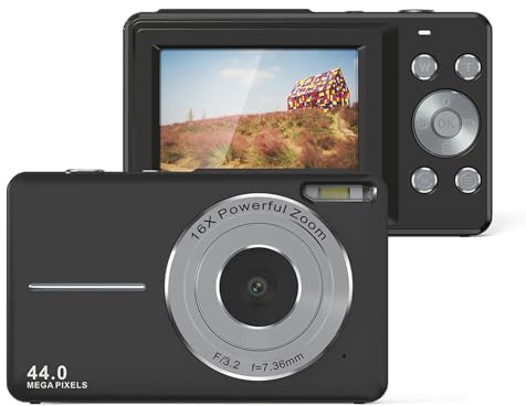 Digitalkamera, 1080P 44 MP Digitale Point and Shoot Kamera mit 16 fachem Zoom Anti Shake, 2,4 Zoll IPS Farbbildschirm Vlogging Kamera für Anfänger (Black)