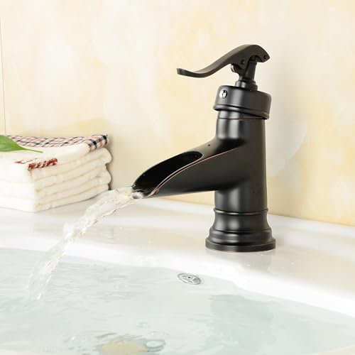MocArt 60103 Retro Wasserfall Wasserhahn, Warm und Kaltwasserhahn für Bad Waschbecken, Hotel Messing Mischwasserhahn, Keramikventilkern, Bionisches Wassersparendes Design (Schwarz)