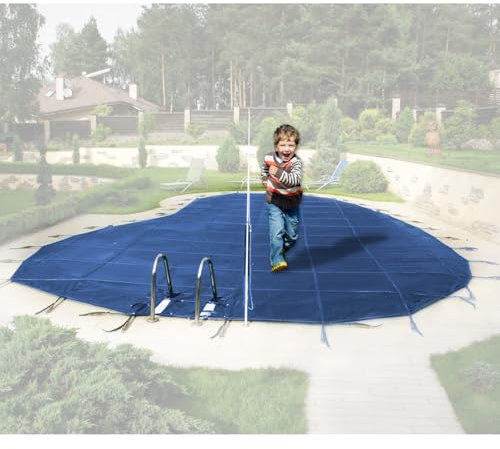 LZMZMQ Child Proof In Ground Pool Cover, Winter Heavy Duty Round Pool Leaf Covers for Oval Above Ground Pools/Pool Protection Mesh with Springs, Pets Child Baby Drop Swimming(Blue Mesh,20ft/6m)