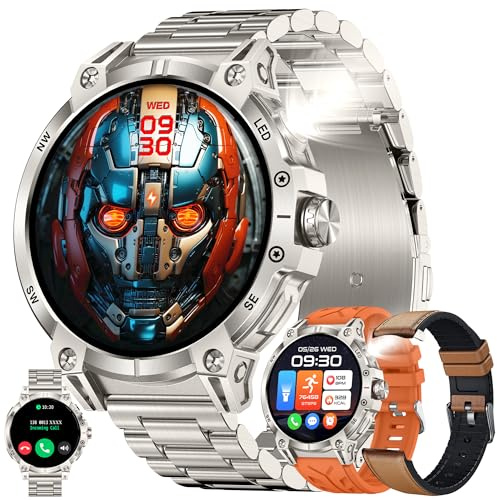 Smartwatch Herren mit Telefonfunktion, 760mAh Akku, 1,85” AMOLED 5ATM Wasserdichte Fitnessuhr mit Taschenlampe Schrittzähler Herzfrequenz, SpO2, Sportuhr Aktivitätstracker für Android iOS (Silber)