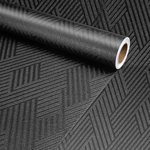 Decotalk Black Textured Geometric Peel and Stick Wallpaper - Black Textured Wallpaper for Bedroom 17.7x200 Inch Geometric Wall Paper Removable Dark Cabinets Vinyl Wrap, Renter Friendly