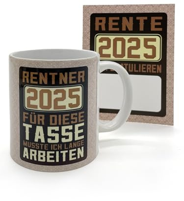 clothinx Rentner 2025 Geschenk Mann Tasse mit Spruch und kleiner Karte gut für den Renteneintritt und Ruhestand geeignet
