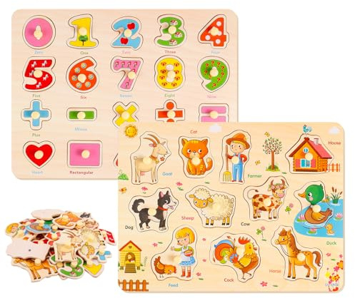 2Pcs Wooden Jigsaw Puzzles for Kids 3+ Year Olds, Farm Animal Number Wooden Peg Puzzles Educational Learning Kids Toys, Birthday Gift for Boys Girls
