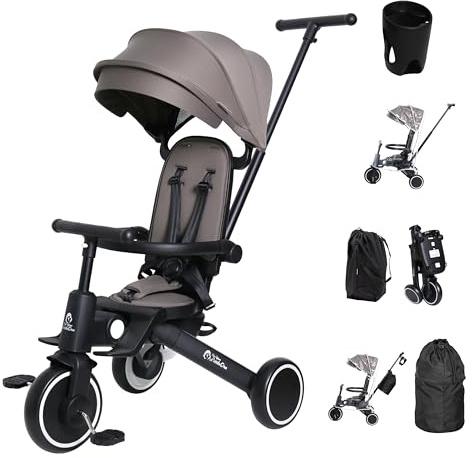 FYLO Xplor Kids Trike Foldable Ultimate Compact Portable Tricycle Toddler With Parent Handles Includes Travel Bag Raincover Cup Holder & Storage Bag 8 in 1 Design Ages 10m - 5y - Grey Olive