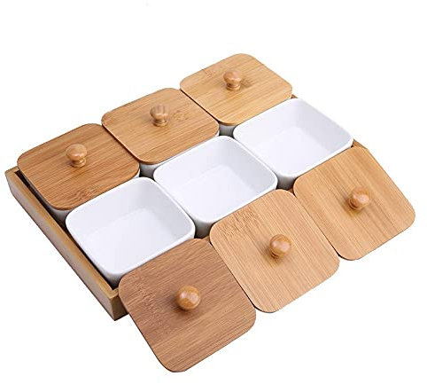 Ramequin carré en porcelaine sur plateau en bois – 6 compartiments | Plateau de table servant une assiette à dessert | Vaisselle élégante pour servir des apéritifs