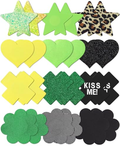 Tripetals Glitz Pasties Lot de 12 paires de coussinets de tétons autocollants sexy en forme de cœur, d'étoile, fleurs et croix, Vert et jaune., taille unique