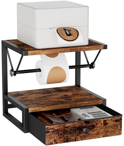 IBUYKE Label Holder for Rolls and Fan-Fold Labels,Wooden Thermal Shipping Label Stand With Drawer Desktop Printer Holder for Home, Office, Small Business,Brown TPS003H