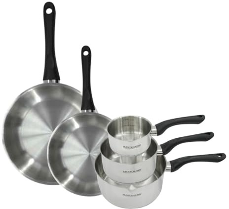 Fackelmann 9443950 Set 2 poêles 24 et 28 cm et 3 casseroles 12 16 et 20 cm inox 18/8, tous feux, induction, sans PFAS, Acier inoxydable 18/8, 12 16 20 24 28 cm, Gris Ardoise