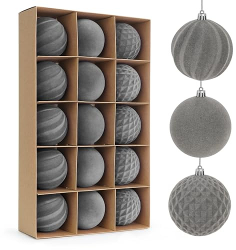 Miaikoe 15 Stück Samt Weihnachtskugeln hängende Ornamente Set, vorgebunden zerstörungsdicht Plastik Flocked Weihnachtskugeln Weihnachtsdekorationen Festival Feiertag Party Dekor (Grau, 8CM)