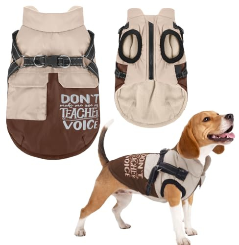 Vivi Bear Hundemantel mit Geschirr Winddicht wasserdichte Hundebekleidung Verstellbare Hundejacke mit Reflektierendem Reißverschluss Geeignet für Falcon Pudel Bichon Kleine Mittlere Hunde[Khaki XL]