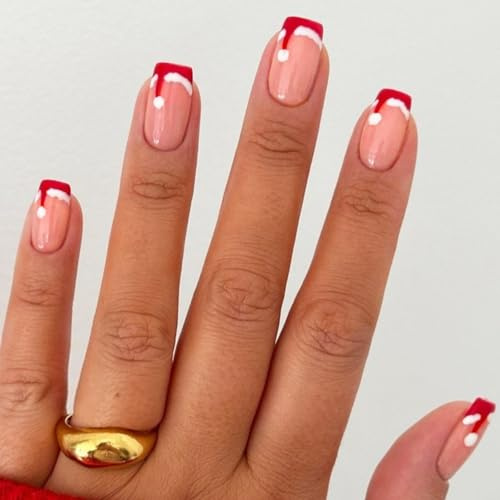 Lot de 24 faux ongles courts en forme de chapeau de Noël à coller pour l'hiver