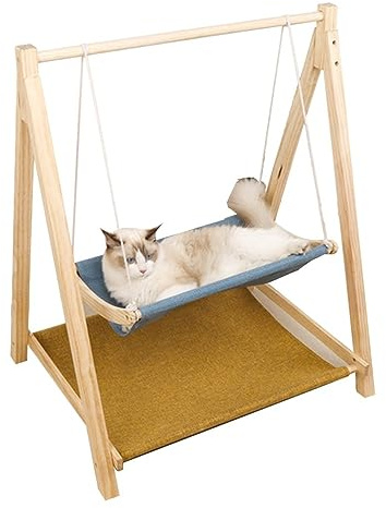 YKMYXZ estantes para Gatos, Cama Columpio for Gatos de Dos Pisos, Hamaca for Perros y Madera Pino Natural, Muebles for Mascotas cómodos, Transpirables Lavables(Blue+Brown)
