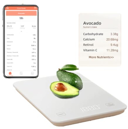 Bilancia Cucina Digitale Intelligente 5kg con App Bluetooth – Design in Vetro Temperato con Display LED, Alta Precisione al Grammo e Analisi Calorie e Valori Nutrizionali - Ideale per Dieta e Fitness