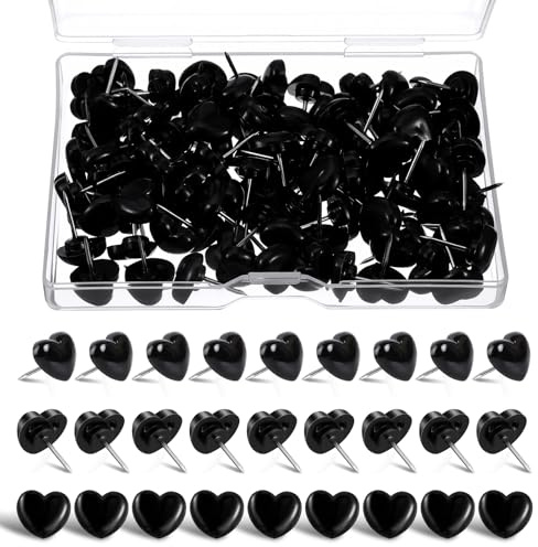 100 stycken hjärta häftstift svarta nålar, dekorativa häftstift med stålspets, plastbildnaglar med förvaringslåda för korkplattor, anslagstavlor, fotoväggar och skolmaterial för hemmet