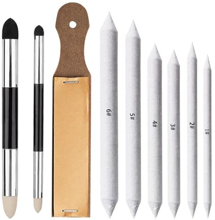 9 Pcs Blending Stump Set, Paper Art Blenders, Art Pencils, Washable and Reusable Art Tools for Charcoal Sketching, with Sponge Pens & Sandpaper Sharpener