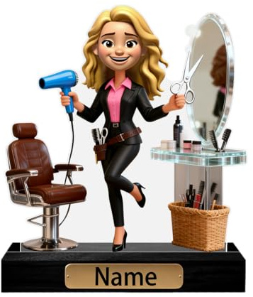 Personalized Barber Acrylic Plaque Hairstylist Haircutter Figurine Trinket Sign Custom Hair Dresser Caricature Portrait Desk Name Plate Personalized Cartoon Funny Hair Stylist Plaque Gift for Her