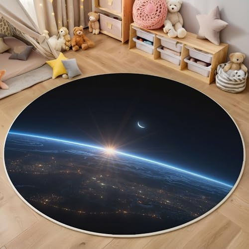 ZISTRCBAO Kinderteppich Rund Weltraum Erde Mond 160cm, Universumsthema Rundteppich Pflegeleicht & rutschfest – Ideal Für Jungenzimmer Mädchenzimmer