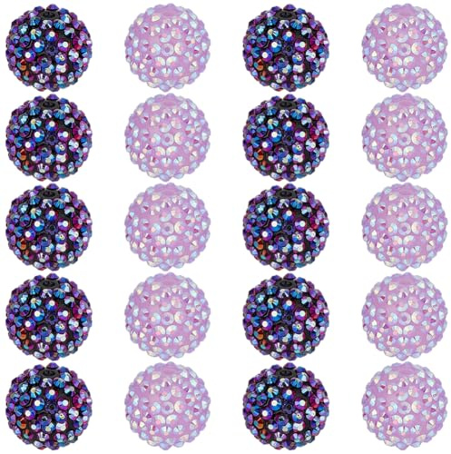 PonabeaDIY 40 stycken 20 mm lila strass-pärlor med hål rund akryl diskokula klokt tuggummi harts bubblor glitter berlocker lösa avståndspärlor storpack för smyckestillverkning armband pennor