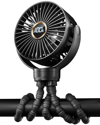 Portable Pram Fan, Small Rechargeable Clip On Fan with Digital Display | 2000mAh, 3 Speeds 360° Rotate Mini Cooling Fan for Stroller, Buggy, Car Seat, Crib & Travel