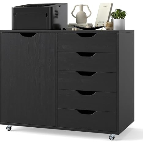 COSTWAY Rollcontainer mit 5 Schubladen & Tür, mobiler Aktenschrank mit Arbeitsplatte & Rollen, Büroschrank modern, Schreibtisch Unterschrank für Büro Wohnzimmer, 79 x 39 x 65cm (Schwarz)