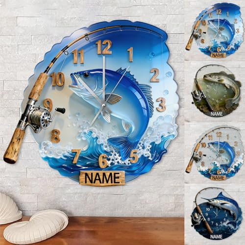 Personalisierte Wanduhr mit Angelmotiv für Schlafzimmer, Wohnzimmer, Männerhöhle, Büro, Club, individueller Fischerername, Wandkunst, Dekor, 2D-Flachdruck, aus dem Wasser auftauchende Fische, für