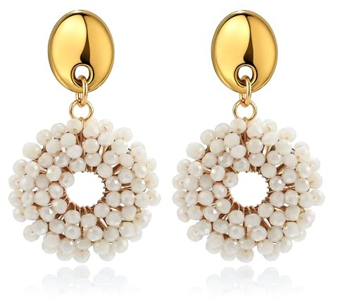 Cremeweiß Boho Kristall Perlen Ohrringe Hängend für Damen Leichte Runde Statement Ohrringe Gold Elegant Modischer Schmuck für Alltag & Geschenk