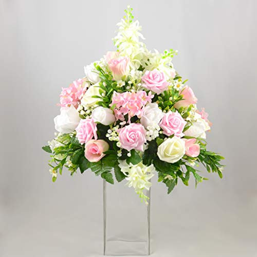 Artificial Wedding Flowers Hand-Made by Petals Polly, Martini Glass Centrepiece Table Decoration, Pink, White & Ivory
