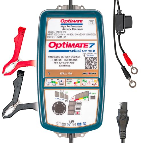 OptiMate 7 Select 12V 10A Performance Car Battery Charger & Maintainer for AGM, GEL, EFB & Deep-Cycle Lead-Acid Batteries, 3–240Ah, Power Supply Mode, Automatic Battery Testing