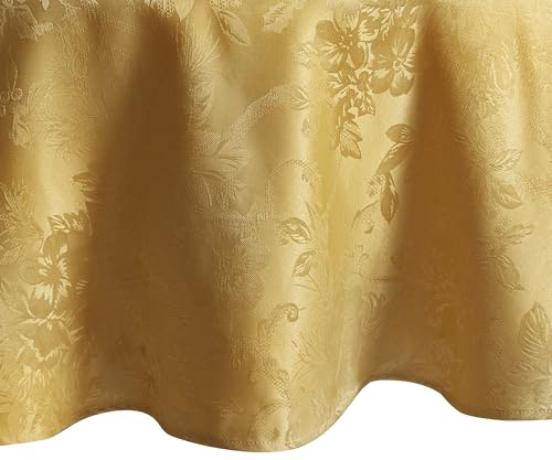 Elrene Home Fashions Poinsettia Elegance Jacquard Holiday Tablecloth, 60 x 84 Oval, Gold