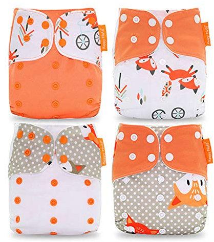 HahaGo Baby Stoffwindel waschbar wiederverwendbare Windeln All-in-One-Taschenwindel für die meisten Babys und Kleinkinder (4PCS, Orange Fox Muster)