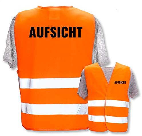 Bedruckte Warnwesten mit ISO-Leuchtstreifen * Standard- oder Reflex-Druck * Thema Kinder & Schule, Warnweste Begriffe Schule:Aufsicht, Farbe + Größe:Orange (M/L)