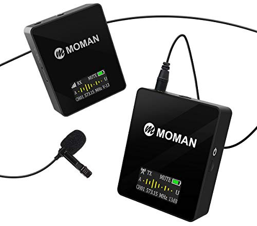 Moman Lavalier Funkmikrofon, Kabellos Ansteckmikrofon System, Wireless Microphone Mics, UHF 36-Kanäle, 70m Reichweite, Echtzeit-Überwachung für Interview DV Kamera DSLR Canon Sony Nikon Panasonic C1