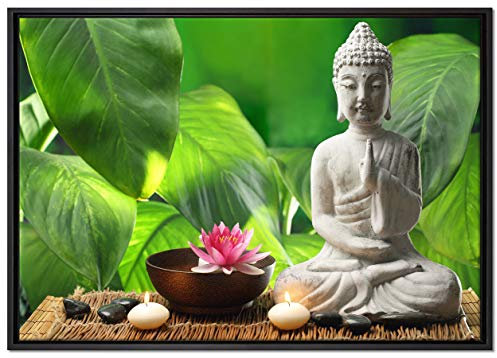 Pixxprint Seerose Buddha Statue Leinwandbild 100x70 cm im Bilderahmen, Wandbild, Schattenfugenrahmen, Kein Poster