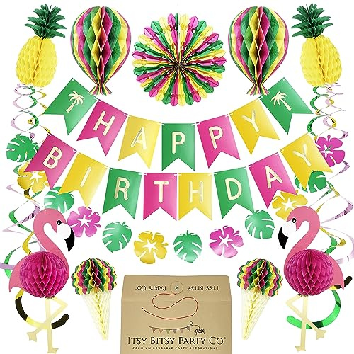 Premium Reusable Hawaiian Party Decorations - Birthday Decorations / Summer Party Decoration, Aloha, Happy Birthday Banner, Pineapple, Flamingo Honeycomb Paper - Tropical Decor by Itsy Bitsy Party Co