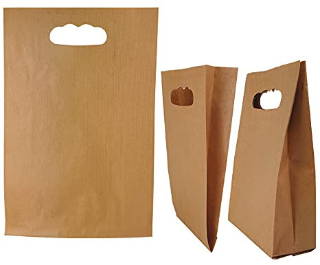 50stk Papiertüten – 15 x 27 x 6,5 cm Papiertragetasche mit Griffloch, Papiertüten klein, Geschenktaschen klein, DIY Adventskalender, Kraftpapier tüten (Braun, 15x27x6,5 50g/m2)