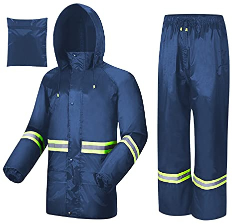 AMKsedom Rain Suits for Men Women Waterproof, Breathable Rain Coats with Eye-Catching Reflective Strip, Durable Rain Gear (Large, Blue)