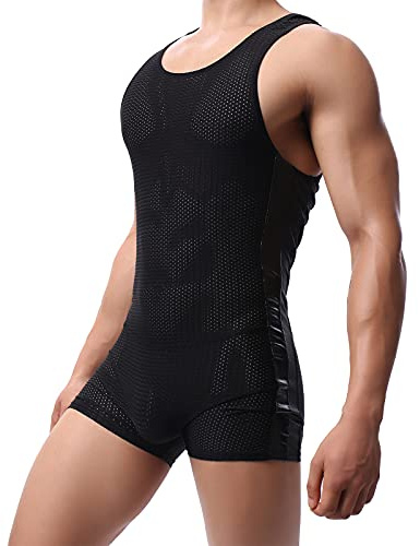 YUFEIDA Men's Athletic Supporters Bodysuit Slim Fit Wrestling Leotard Active Base Layers Jumpsuit Mesh Breathable