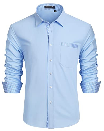 Enlision Herrkläder, Skjortor för män, långärmad, klassisk normal passform, fritidsskjortor, kontrastfärg, elegant, företag, bröllop, skjorta med mode, tupprunt-väska, Ljusblå, L
