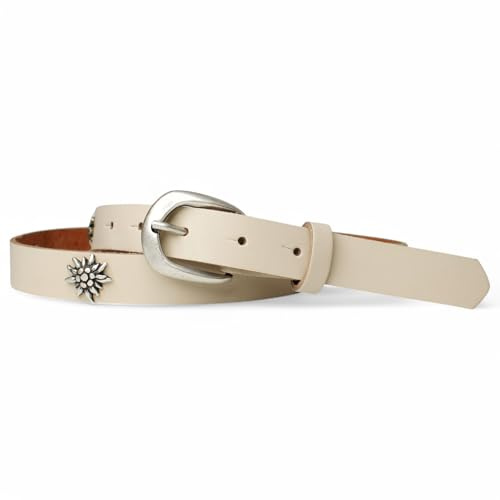 FRONHOFER Trachtengürtel für Damen mit Edelweiß aufgenietet, 2,5 cm, 18805, Größe:Körperumfang 85 cm/Gesamtlänge 100 cm, Farbe:Creme