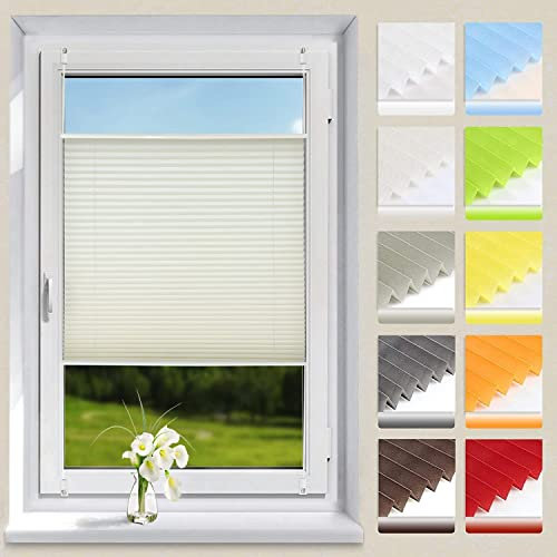 OUBO Plissee Klemmfix ohne Bohren Aluminium-Schienen, Beige 105 x 180cm(BxH), lichtdurchlässig & Blickdicht, Jalousie Faltrollo Innen für Fenster & Tür
