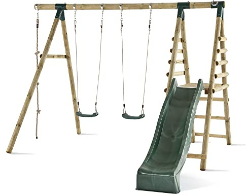 Plum Play Giant Baboon Double Swing Set Climbing Rope and 8ft Slide Outdoor Play Centre Round Pole FSC Wood - Suitable for 3 Years Plus -Max User 50kg per Accessory - 5 Year Wood Rot Warranty