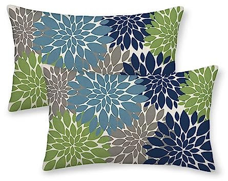 Dahlien Blumen Kissenbezüge 30,5 x 50,8 cm, 2er-Set, marineblau, hellblau, grün, dekorative Kissenbezüge, geometrisch, modern, Leinen, Bauernhaus für Couch, Sofa, Sommer, Zuhause, Outdoor-Dekor