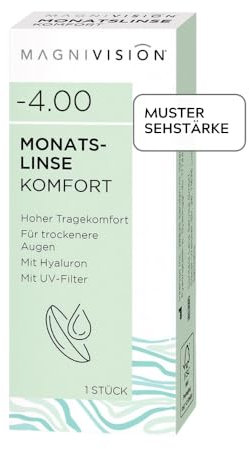 MAGNIVISION Monatslinse Komfort weiche Kontaktlinsen für -3,75 Dioptrien | 1 Stück | BC 8.6 | DIA 14.2 | Kontaktlinse mit Hyaluron und UV-Filter für empfindliche Augen | ohne Konservierungsstoffe
