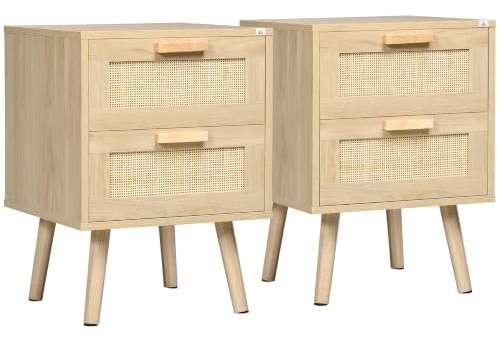 HOMCOM 2er Set Nachttisch, Nachtschrank mit Schublade, Nachtkommode mit Griff, Rattanoptik, Beistelltisch für Schlafzimmer, Wohnzimmer, Natur, 40 x 40 x 56 cm