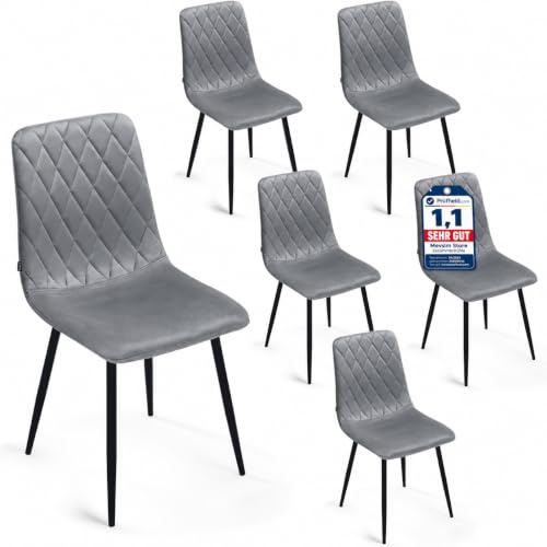 Mevsim Store Esszimmerstühle 6er Set Grau – Samt Gepolstert mit Rautensteppung – Stühle Esszimmer Modern & Bequem – Küchenstühle mit Metallbeinen Schwarz – Essstühle für Küche & Wohnzimmer
