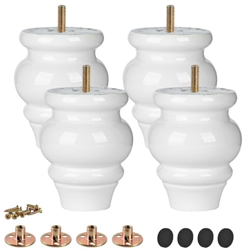 TCHOSUZ 4 inch Solid Wood Furniture Bun Legs with M8 Bolts 4 PCS White | Supports 400+lbs,T-nuts,Screws,Anti-Scratch Pads incl., Fits Sofa,Cabinet,Recliner,Ottoman,Dresser, Easy 10-min DIY Install