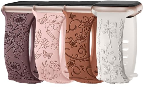 Nepfaivy 4 Pièces Bracelets Gravés Floral Compatibles avec Apple Watch 44mm 45mm 49mm 42mm Femme, Bracelet Sport en Silicone Compatible avec iWatch Se Ultra Serie 9 8 7 6 5 4 3 2 1 (M,type 4)