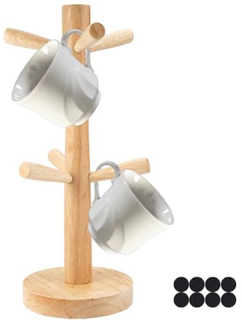 GOIEHIR Tassenhalter, Tassenständer Holz 6 Armig, Holz Baumbecherhalter, Bambus Hölzerne Becherhalter, Brezelständer, Kaffeetassenregal Holz mit 8 Silikonpolster für Küchentheke Tabletop (Rund)