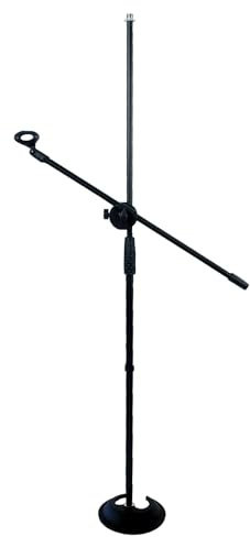 keepdrum MS096 Mikrofonständer gerade mit Guss-Rundsockel + MSA067 Galgen-Mikrofonarm zum Anbringen von Mikrofon/Tablet/Handy-Halterung
