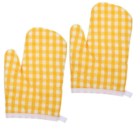 VINTORKY Heat-resistant Oven Mitt Set for Boys and Girls, Polyester Baking Gloves with Golden Check Pattern, Protective Kitchen Gloves for Microwave and Oven Cooking – 2 Pieces